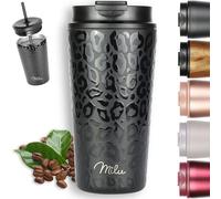 Milu Thermo Mug 500ml - 100% Leak-Proof - Stainless Steel Coffee Mug to go Insulated with Straw Keeps hot for 10h / Cold for 20h, BPA-Free (Black Leopard, 500ml)