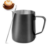 Milukon Milk Frothing Pitcher, 350ml Stainless Steel Milk Jug with Measurement Mark and Decorating Pen for Making Latte Art and Cappuccino Coffee, Black/12OZ