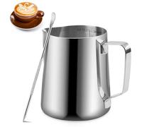 Milukon Milk Frothing Pitcher, 350ml Stainless Steel Milk Jug with Measurement Mark and Decorating Pen for Making Latte Art and Cappuccino Coffee, Silver/12OZ