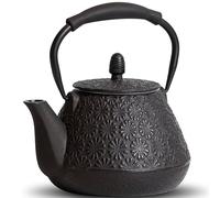 MILVBUSISS Cast Iron Teapot, 950ml Japanese Sakura Blossom Pattern Tea Kettle, Stovetop Safe, Infuser for Loose Leaf & Coffee, Silicone Handle, Enamel Interior, 32oz Black
