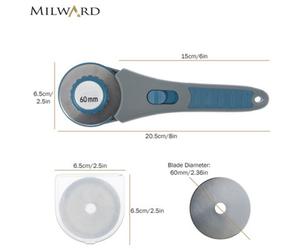 Milward 60mm Rotary Cutter - Ergonomic Handle, Safety Guard & 5 Spare Blades For Sewing, Quilting & Crafts