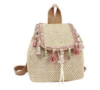 MilyaDE Straw Backpack Beach Bag Handmade Daypack Drawstring Bohemian Shoulder Bag for Women Travel Holiday, A-Tassels Khaki