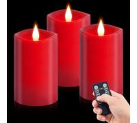milysoek 3PCS, 3 x 5 inches Flameless Candle with Remote Control, 3D Flickering Wick, Real Wax Pillar LED Candles, Battery Candles,with Timer,for Holiday Home Decor, Red