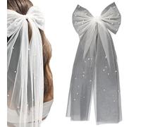 Mimalexin Wedding Pearl Hair Bow Veil, White Bow Tulle Veil Hair Clip, Organza Hair Clip for Bride Bachelorette Shower Gift Bridesmaid Engagement Wedding Party Decoration
