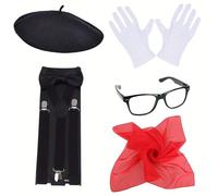 Mime Artist Costume with Beret Hat Gloves Scarf Braces Glasses Joker Costume Accessories for Book Week Fancy Dress