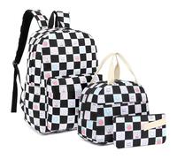 Mimfutu Checkered Bear School Backpack for Teen Girls, 3-in-1 Kids Backpack Bookbag Set School Bags with Lunch Box Pencil Case (Black)