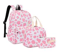Mimfutu Cow Print School Backpack for Teen Girls, 3-in-1 Kids Backpack Bookbag Set School Bags with Lunch Box Pencil Case (Pink)