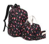 Mimfutu Mushroom School Backpack for Teen Girls, 3-in-1 Kids Backpack Bookbag Set School Bags with Lunch Box Pencil Case