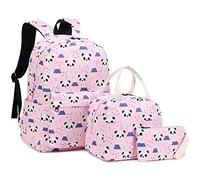 Mimfutu Panda School Backpack for Teen Girls, 3-in-1 Kids Backpack Bookbag Set School Bags with Lunch Box Pencil Case (Pink)