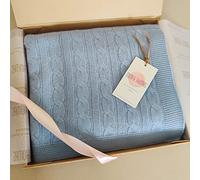 Mimi & Thomas Pure 100% Cashmere Cable Knit Unisex Knitted Baby Blanket in Gift Box (Blue)