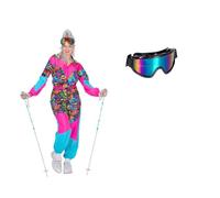 MIMIKRY 80s Ski Suit Graffiti Women's Costume with Glasses 80's Jumpsuit One Piece Trash Apres Ski, Size: 46