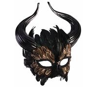 MIMIKRY Mythological Halloween Costume Mask - Minotaur Mask with Bull Horns and Feathers, Black/Brown, Adult Unisex