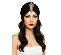 MIMIKRY Women's Velvet Turban with Decorative Ornament Diva Hat 20s Flapper Fortune teller Oriantaline, Colour: Black