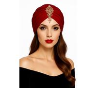 MIMIKRY Women's Velvet Turban with Decorative Ornament Diva Hat 20s Flapper Fortune teller Oriantaline, Colour: Red
