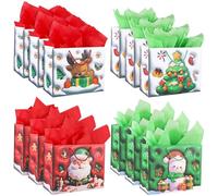 MIMIND 12 Pieces Christmas Gift Paper Bags with Tissue Paper 11.8” x 9.4” x 5.3” Large Christmas Treat Gift Bags Holiday Gifts Bag for Wrapping Xmas Holiday Presents Party Favor Supplies