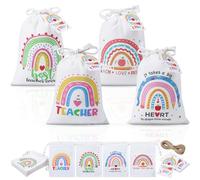 MIMIND 24 Pack Teacher Appreciation Drawstring Gift Bags, Teacher's Day Rainbow Gift Bags with Tags and Jute Twine, 8 x 6 Inch Thank You Teachers Candy Bag for Back to School Graduation Party Favors