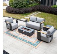 MIMO 4-Seater Garden Aluminum Teak Armrest Sofa Set with Iron Firepit Table in Grey | Size: 4 Person Mimo Grey 4 Person