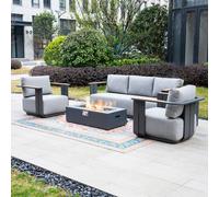 MIMO 5-Seater Garden Aluminum Teak Armrest Sofa Set with Iron Firepit Table in Grey | Size: 1 Pack Mimo Grey 1 Pack