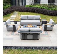 MIMO 7-Seater Garden Aluminum Teak Armrest Sofa Set with Iron Firepit Table in Grey | Size: 1 Pack Mimo Grey 1 Pack