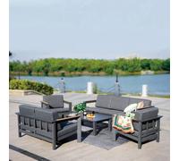 MIMO Aluminum Outdoor Sofa Set with Teak Armrests - Glass Coffee Table in Dark Grey | Size: 5 Pack Mimo Dark Grey 5 Pack