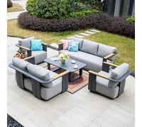 MIMO Garden 7-Seater Aluminum Sofa Set with Teak Armrests, Coffee Table in Grey | Size: 1 Pack Mimo Grey 1 Pack