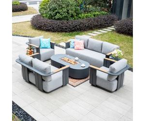 MIMO Outdoor Aluminum Sofa Set with Teak Armrests, Terrafab Fire Pit Table in Grey | Size: 1 Pack Mimo Grey 1 Pack