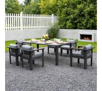 MIMO Outdoor Garden Aluminum Dining Table Set, 6 Chairs with Teak Armrests in Grey | Size: 6 Person Mimo Grey 6 Person