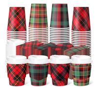 Mimorou 100 Pcs 8oz Christmas Plaid Coffee Cups with Lids and Sleeves Christmas Paper Drinking Cups for Xmas Winter Holiday Hot Cocoa Party Supplies