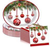 Mimorou 100 Pcs Christmas Paper Plates and Napkins Set Red Christmas Balls Disposable Tableware Set Xmas Oval Platters 10 x 12 Inch for Xmas Winter Holiday Dinnerware Party Decor Serves 50 Guests
