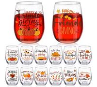 Mimorou 12 Pcs Friendsgiving Stemless Wine Glasses Thanksgiving Drinking Glass 12 oz Fall Autumn Pumpkin Turkey Tumbler Cups Gifts Bulk Supplies for Friendsgiving Party Decorations Favors