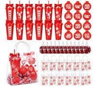 Mimorou 12 Set Cheerleading Gift Bulk for Team Include 12 Cheer Water Bottles with Lid Straw 12 Pom Pom Keychains 12 Compact Mirrors 12 Gift Bags and Ribbon Bows for Women Cheer Camp(Red)