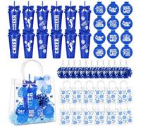 Mimorou 12 Set Cheerleading Gift Bulk for Team Include 12 Cheer Water Bottles with Lid Straw 12 Pom Pom Keychains 12 Compact Mirrors 12 Gift Bags and Ribbon Bows for Women Cheer Camp (Blue)