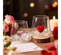 Mimorou 2 Pcs Valentine Day Glass Cup 12oz Red Pink Heart Wine Glass Clear Drinking Glasses 3D Wine Glasses with Heart Figurine Inside Double Hand Blown Cocktail Glassware for Valentine Party Supplies