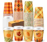 Mimorou 48 Pcs Fall Disposable Coffee Cups with Lids and Sleeves Bulk 8oz Plaid Maple Leaves Pumpkin Paper Cups for Autumn Thanksgiving Party Coffee Bar Decoration Supplies
