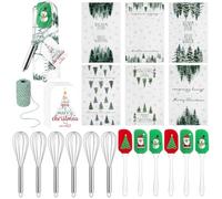 Mimorou 6 Set Christmas Whisks and Spatulas Set Kitchen Gift, Winter Forest | Stainless Whisks Silicone Spatulas Xmas Towels Greeting Cards Rope, for Neighbor Baking Utensils Gift, Holiday Cooking Supply