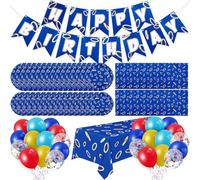Mimorou Blue with Gold Ring Print Birthday Party Decorations for 16 Includes Plastic Tablecloth, Banner, Plates, Napkins and Balloons for Cartoon Theme Party Supplies