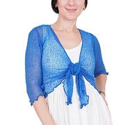 Mimosa Ladies Crochet Glitter or Plain Stretch Lace Fish Net Bali Tie at Waist Bolero Shrug Open Cardigan (Royal, 6-16)