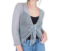 Mimosa Ladies Crochet Glitter or Plain Stretch Lace Fish Net Bali Tie at Waist Bolero Shrug Open Cardigan (Grey, 6-16)