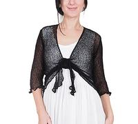 Mimosa Ladies Crochet Glitter or Plain Stretch Lace Fish Net Bali Tie at Waist Bolero Shrug Open Cardigan Black