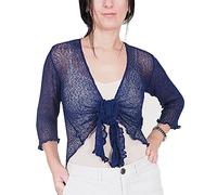 Mimosa Ladies Crochet Glitter or Plain Stretch Lace Fish Net Bali Tie at Waist Bolero Shrug Open Cardigan Navy