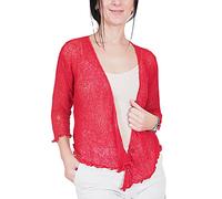 Mimosa Ladies Crochet Shrug Bolero Glitter or Plain Super Stretchy Lace Fish Net Tie at Waist Bolero Open Cardigan Fits UK 6-28 Cherry Red