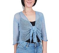 Mimosa Ladies Crochet Shrug Bolero Glitter or Plain Super Stretchy Lace Fish Net Tie at Waist Bolero Open Cardigan Fits UK 6-28 Mid Blue
