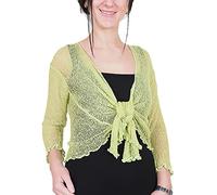 Mimosa Ladies Crochet Shrug Bolero Glitter or Plain Super Stretchy Lace Fish Net Tie at Waist Bolero Open Cardigan Fits UK 6-28 Lime