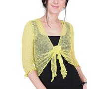 Mimosa Ladies Crochet Shrug Bolero Glitter or Plain Super Stretchy Lace Fish Net Tie at Waist Bolero Open Cardigan Fits UK 6-28