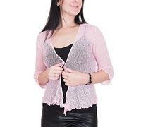 Mimosa Ladies Crochet Shrug Bolero Glitter or Plain Super Stretchy Lace Fish Net Tie at Waist Bolero Open Cardigan Fits UK 6-28 Baby Pink