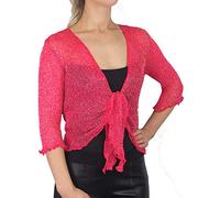 Mimosa Ladies Crochet Shrug Bolero Glitter or Plain Super Stretchy Lace Fish Net Tie at Waist Bolero Open Cardigan Fits UK 6-28