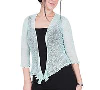 Mimosa Ladies Crochet Shrug Bolero Glitter or Plain Super Stretchy Lace Fish Net Tie at Waist Bolero Open Cardigan Fits UK 6-28 Mint