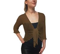 Mimosa Ladies Crochet Shrug Bolero Glitter or Plain Super Stretchy Lace Fish Net Tie at Waist Bolero Open Cardigan Fits UK 6-28 Mocha