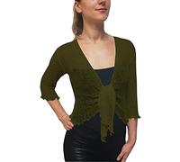 Mimosa Ladies Crochet Shrug Bolero Glitter or Plain Super Stretchy Lace Fish Net Tie at Waist Bolero Open Cardigan Fits UK 6-28