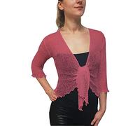 Mimosa Ladies Crochet Shrug Bolero Glitter or Plain Super Stretchy Lace Fish Net Tie at Waist Bolero Open Cardigan Fits UK 6-28 Rose
